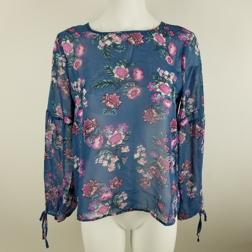 Pink Rose Sheer‎ Blue Peasant Top